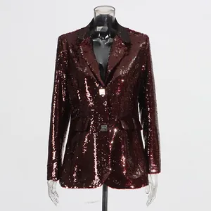 Elegant burgundy sequined blazer for women with a sleek V-neck and square snap buttons