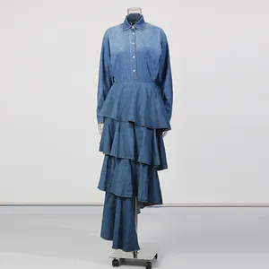 Elegant retro denim two-piece set with a tiered ruffled maxi skirt and button-up shirt