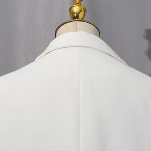 Macro view showing the clean back collar and shoulder stitching of a white blazer.