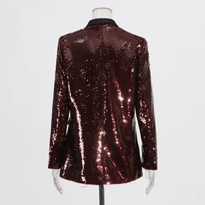 Back view of a shimmering maroon sequined blazer with high-end tailored design