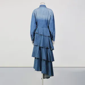 Back view detail of vintage denim set with tiered long skirt and matching long-sleeve shirt