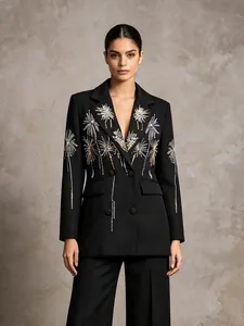 Elegant Vintage Fireworks Embroidered Blazer For Women Double Breasted Slim Fit Long Sleeve Top Classic Lapel Outerwear