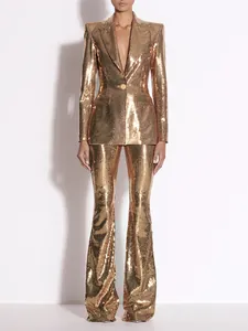 Women Gold Glitter Sequin Suit Blazer Flare Pants Top And Bottom High Waist Party Banquet Evening Clubwear Fashion Street Set