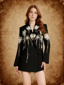 Elegant vintage black blazer with intricate gold and white firework embroidery for women