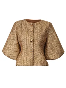 Elegant gold tweed jacket with round neck, puff sleeves and single-breasted buttons