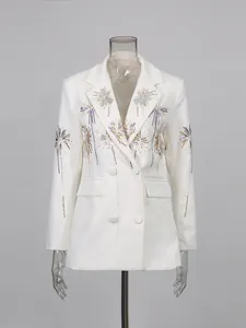 Elegant white blazer with colorful sequin fireworks embroidery for women's summer 2026 style.