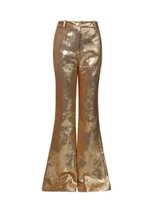 Elegant high-waisted gold sequin flare pants featuring a sophisticated metallic finish