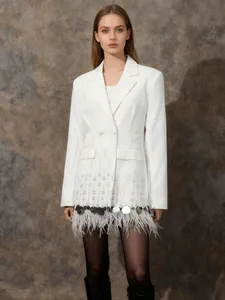 Women Elegant Ostrich Feather Patchwork Blazer Sophisticated Sequin Shell Splicing Solid Color Long Sleeve Suit Jacket Top