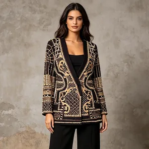 Front view of luxury baroque style beaded blazer with intricate gold embroidery detail