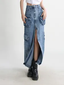 Stylish vintage high waist denim cargo maxi skirt featuring deep front slit and frayed hem
