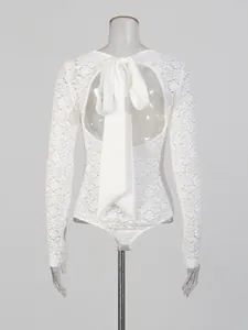 Elegant white lace backless bodysuit featuring a romantic oversized bow on the back view