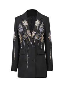 Elegant retro black blazer for women featuring exquisite firework sequin embroidery design