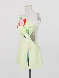 Stijlvolle Franse retro geborduurde strapless mini-jurk met hoge taille limoengroen