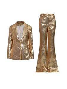 Sparkling gold sequin blazer and trousers suit set for elegant party evening wear
