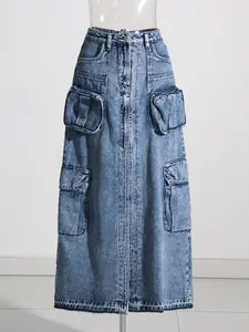 High-waisted denim cargo midi skirt featuring multiple utility pockets and frayed hem.