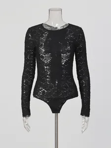 Elegant black floral lace see-through long sleeve bodysuit on a clear mannequin stand