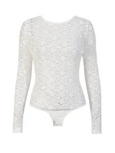Elegant long sleeve white floral lace bodysuit for women with a sheer see-through texture
