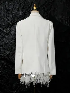 Elegant white blazer featuring luxury ostrich feather trim and decorative shell sequins