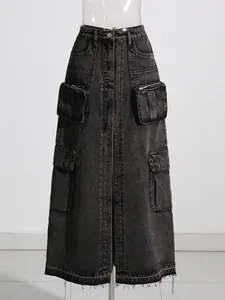 High-waisted A-line denim cargo skirt with raw hem and multiple utility pockets