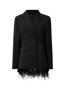 Elegant black blazer featuring ostrich feather hem and sequin embellishments on white background.