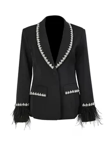 Elegant black tailored blazer with luxury rhinestone trim and ostrich feather cuffs
