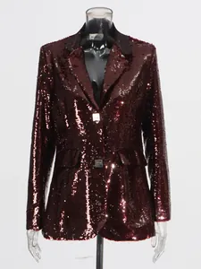 Elegant wine red sequined blazer with V-neck and square snap buttons for women.