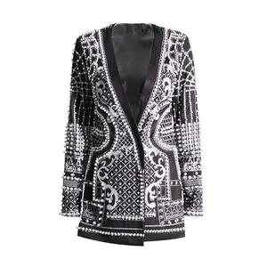Ornate baroque print blazer featuring heavy pearl embellishments and a deep V-neckline