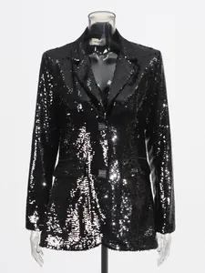 Elegant black sequin blazer with V-neck and square button design for women