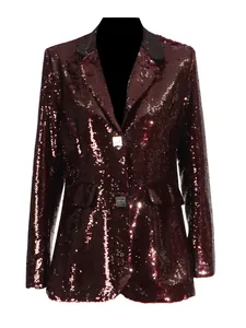 Elegant wine red sequin blazer for women with square button detail