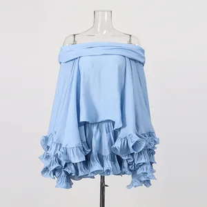 French style light blue off-shoulder ruffle top and matching skirt two-piece set