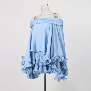 Full view of light blue off-the-shoulder ruffled top and skirt set on a mannequin
