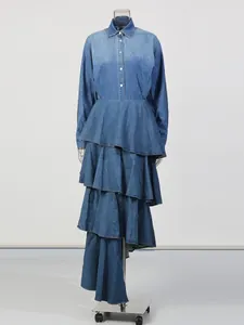 Vintage tiered denim long skirt and shirt two-piece set for women's elegant style
