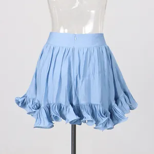 Rear view detail of light blue ruffled mini skirt with hidden zipper