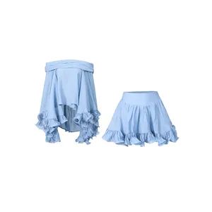 Light blue French resort style two-piece set with ruffle off-shoulder top and skirt.