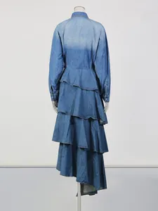 Elegant vintage tiered denim maxi skirt and long sleeve shirt two-piece set for summer