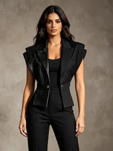 Dames Mouwloos Pak Vest Katoenmix Kunstleer Patchwork Vest Mode Zwart Gewatteerde Blazer