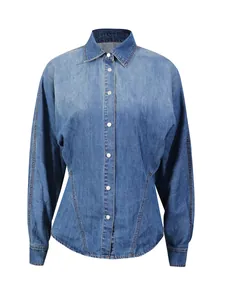 Vintage washed blue denim long sleeve button-down shirt with elegant waist-slimming fit