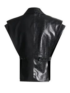 Mouwloze blazer voor dames met zwart leer-patchwork en krokodillenpatroontextuur