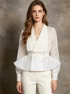 Elegantes Französisches Spitzenoberteil Für Damen Durchsichtiges Schößchen-Rüschentaille Revers Langarm Polyester Baumwolle Hemd
