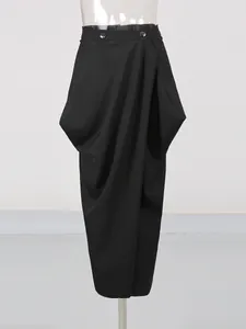 Professional high-waist black pleated wrap midi skirt for an elegant office look