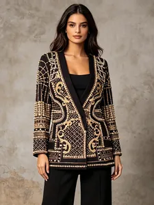 Women Court Style Luxury Blazer Jacket Heavy Industry Print Beaded V-Neck Mid-Length Single Button Retro Polyester Top