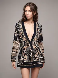 Elegant black court style blazer dress with heavy beading and intricate gold patterns
