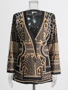 Luxury palace style black blazer with gold print and heavy white pearl beadwork
