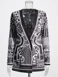 Baroque style women's black blazer with white pearl bead embellishments and V-neck