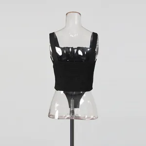 Detailed rear view of a black sleeveless bodysuit featuring an elastic smocked back design