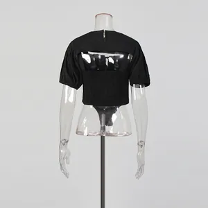 Detailed back view of a chic black puff sleeve blouse and bodysuit two-piece set
