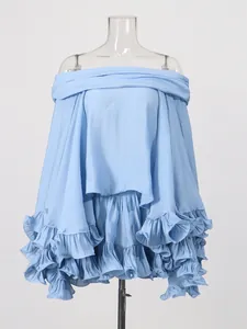 French style light blue off-shoulder ruffle top and skirt two-piece summer vacation set