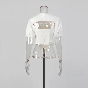 Detailed back view of white women's puff sleeve shrug and matching camisole bodysuit set