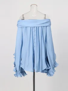 Light blue off-the-shoulder top with ruffle sleeves for women resort style fashion