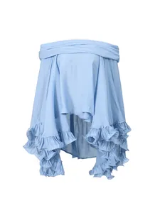 Light blue off-the-shoulder top with tiered ruffles for elegant summer resort wear